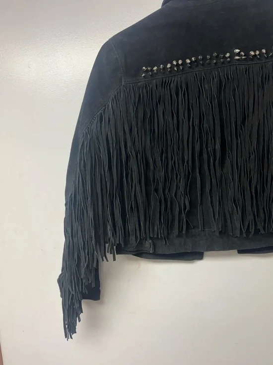 Forever 21 Black Suede Fringe Jacket Spiked Cowgirl Western Festival Punk Small - Picture 11 of 15